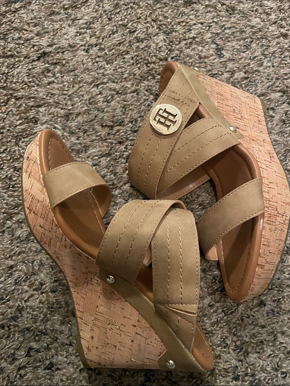 Tommy Hilfiger Tan Crisscross Wedge Slide Sandals - Picture 2 of 5